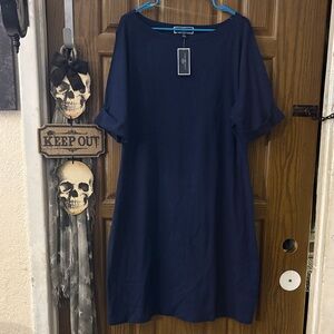100% Cotton Navy Midi T-Shirt Dress- Hemmed Short Sleeves